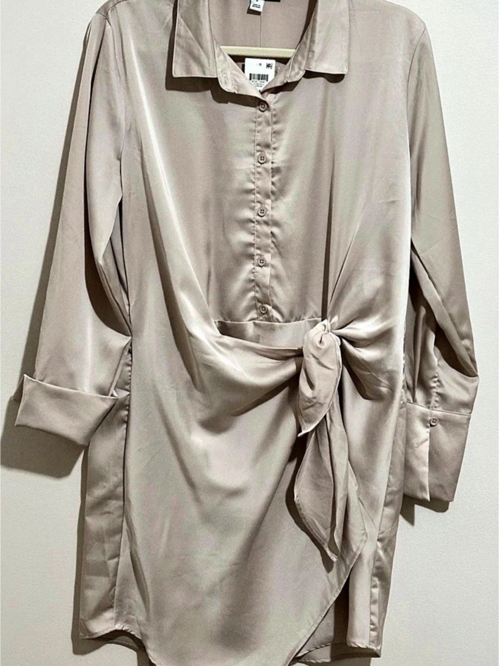 AND NOW THIS Satin Tie-Waist Shirt Dress -Front Mini Dress in Cream